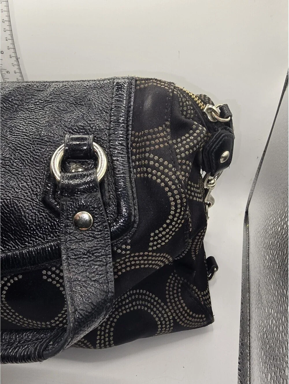 Authentic Coach Ashley Dotted OP Art Satchel Hand Bag Purse F20027 Black